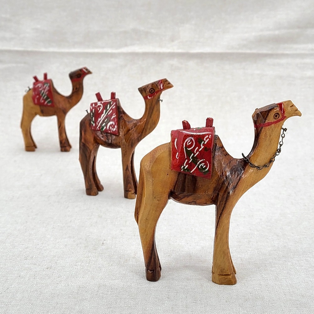 Handmade Wooden Camel Figurine Set of 3 with Decorative Saddles, Wood Metal